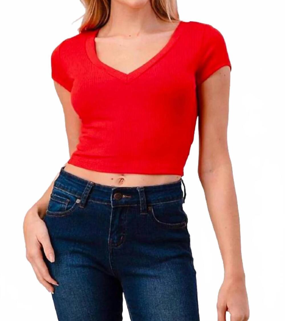 NEW HASHTAG crop v-neck short sleeve top in red apple